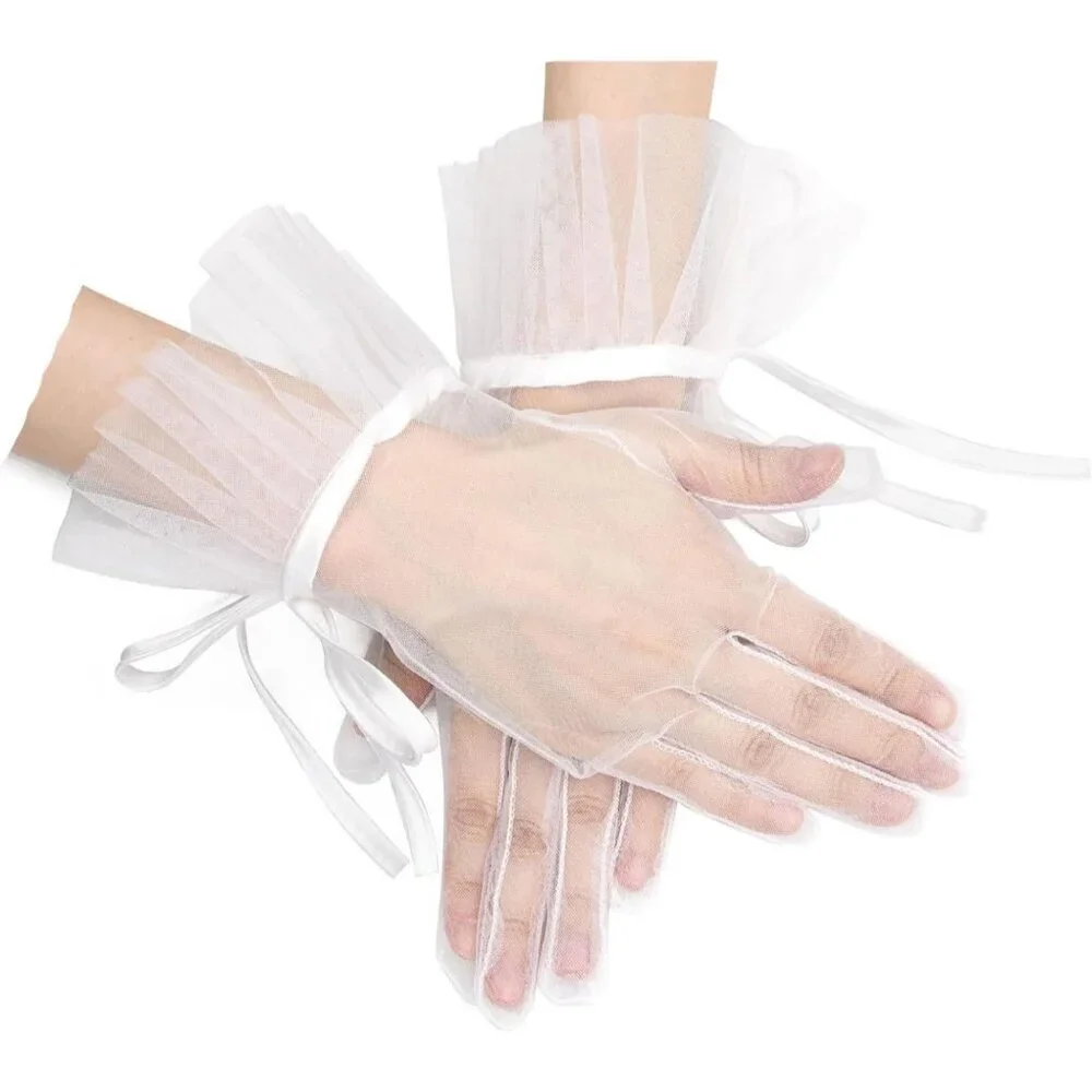 Women's Tulle Long Keeper Bow Lace Gloves White Opera Bridal Wedding Party Tea